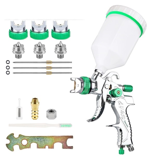 HVLP Spritzpistole zum Lackieren 600 cc 15,6x19,7 cm Aluminium Silbergrün mit Düsen 1,4 1,7 2,0 2,5 mm