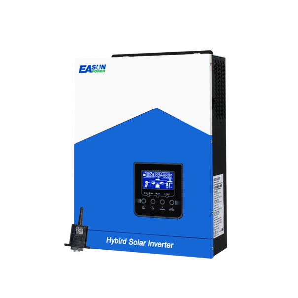 Hybridný solárny menič 6,2 kW 48 V nabíjanie 120 A a PV pole 6500 W aj 500 V DC s WiFi modulom bielo-modrý na fotovoltaiku a dom 1