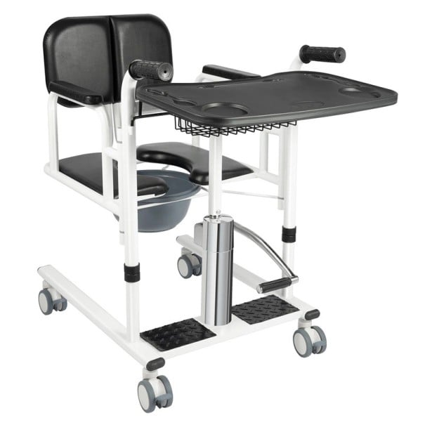 Hydrauliczne zvedające i transportowe krzesło dla seniorów z dzielonym siedziskiem 180° nośność 150 kg podnoszenie 41–65 cm kółka czarny