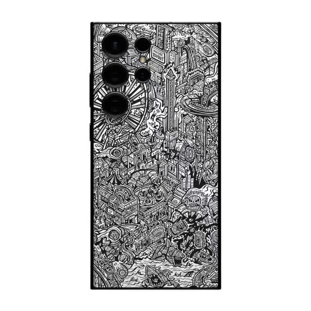Hydrogelová ochranná fólia pre Samsung Galaxy S24 Ultra na zadnú stranu telefónu s čiernobielym komiksovým motívom fantasy mesta