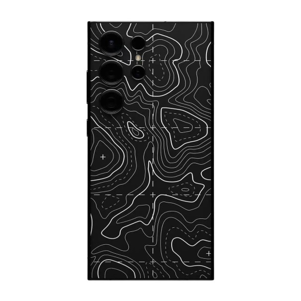 Hydrogelová ochranná fólie pro Samsung Galaxy S23 na zadní stranu telefonu s černým motivem topografické mapy s bílými vrstevnicemi 1
