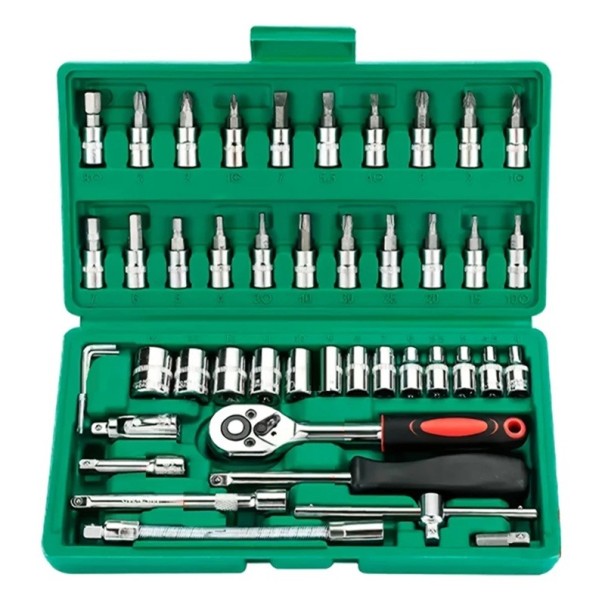 Hylsnyckelsats 46 delar 1/4&quot; sexkantshylsnycklar med spärrskaft och tillbehör i plastfodral Precisionsverktyg 1