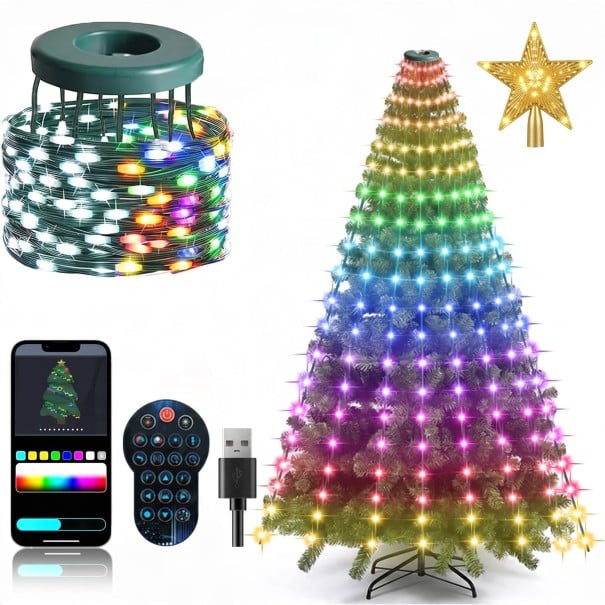 Illuminazione natalizia per albero LED a cascata 1,8 m 400 LED RGB Forme personalizzate nell'app Telecomando USB Impermeabilità IP65 Con stella 1
