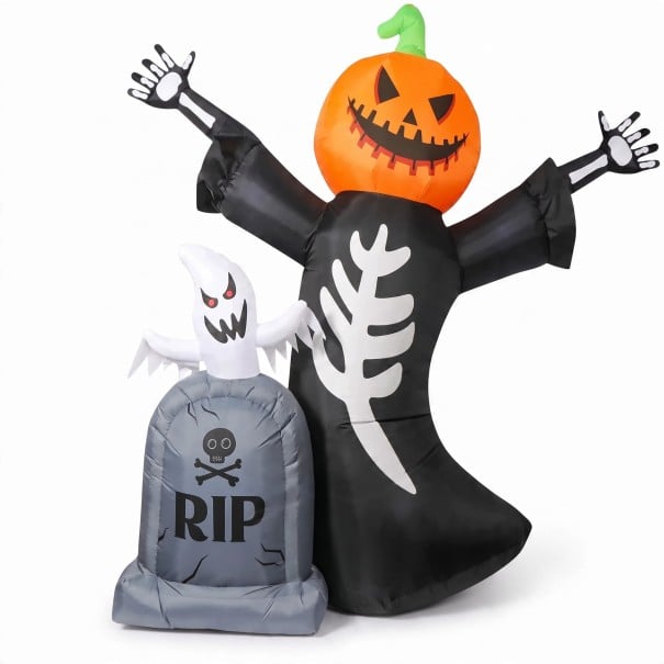 Ilmapumppuhalloweenkoriste Kurpitsapää haamun ja hautakiven kanssa Korkeus 2,4 m Valolla EU-pistoke Oranssi ja musta Puutarhaan 1
