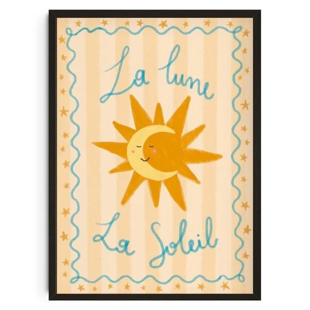 Ilustraatiivinen juliste auringosta ja kuusta tekstillä la lune la soleil 20 x 30 cm kangastuloste seinäkoristeeksi lastenhuoneeseen ilman kehystä 1