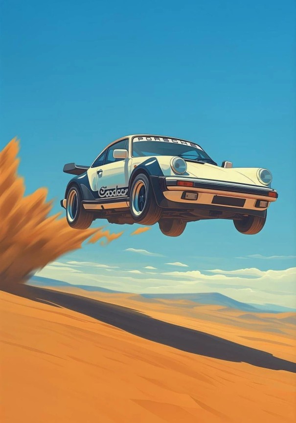 Image design de la course Porsche 911 rallye désert 50 x 70 cm Impression sur toile Sans cadre Grande décoration de motorsport pour mur 1