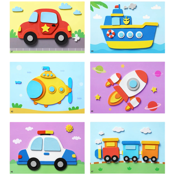 Images autocollantes 3D à coller selon les contours 6 pièces ensemble autocollants en mousse créatifs colorés moyens de transport pour enfants 1