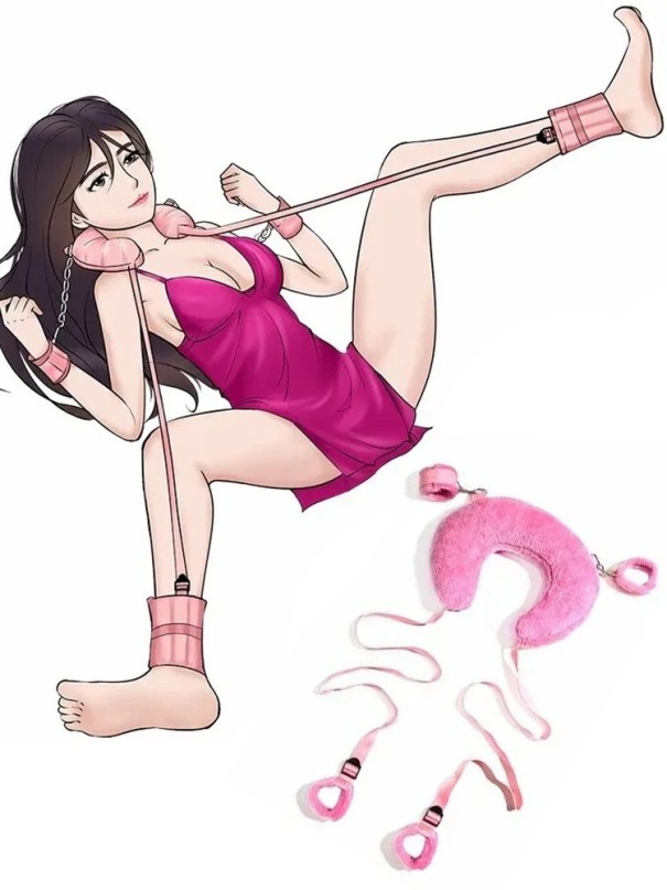 Imbracatura in tessuto con cuscino per il collo, maniglie per le manette e cinghie con anelli per le gambe, velcro regolabile, confezione discreta rosa