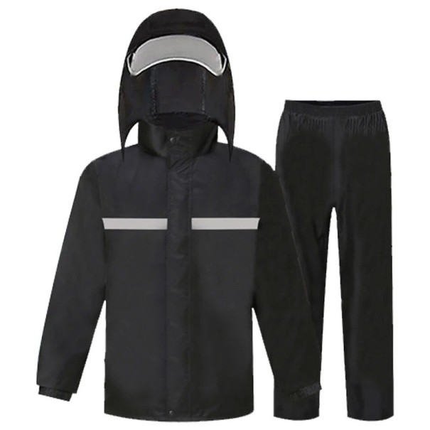 Impermeabile da moto completo giacca e pantaloni unisex PVC nero con cappuccio e visiera protezione contro la pioggia guida in moto L