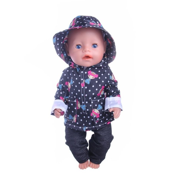 Imperméable avec chapeau pour poupées bleu foncé