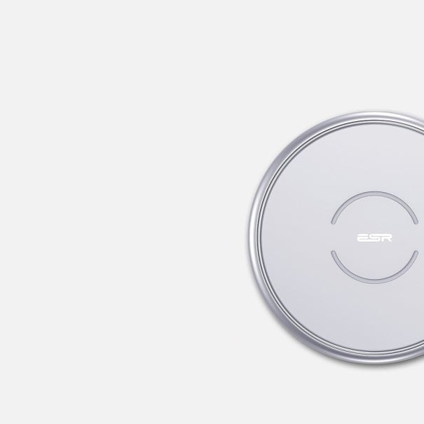 Încărcător wireless pentru telefon Formă rotundă Corp din aliaj de aluminiu Putere maximă 10 W Conector USB-C Cablu inclus în pachet argint