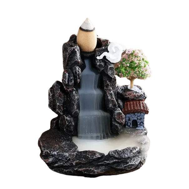Incense Cone Holder with a Rocky Design and Blooming Tree with Smoke Waterfall Aroma Lamp with Backflow Smoke Liquid Incense 9 x 7.8 x 5.3 cm 1
