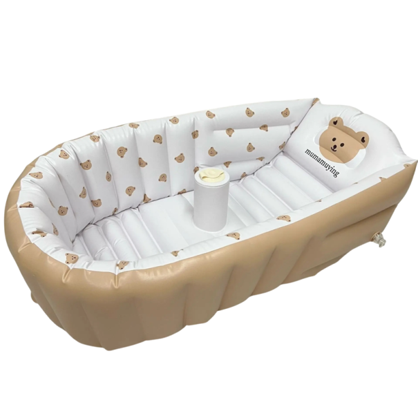 Inflatable Baby Bath with Bear Design, 90 × 55 × 30 cm, PVC Material, Beige and White Colour, for Bathing Infants and Children 1