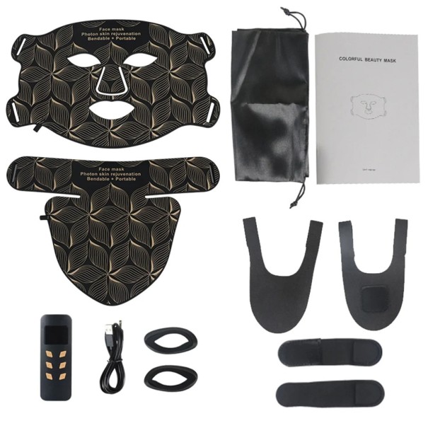 Infrarød silikonemaske med rødt lys og halslampe, 8 farver LED-terapi, hudforyngelse, IPX7 vandtæt, LCD-controller, timer, genopladeligt batteri brun