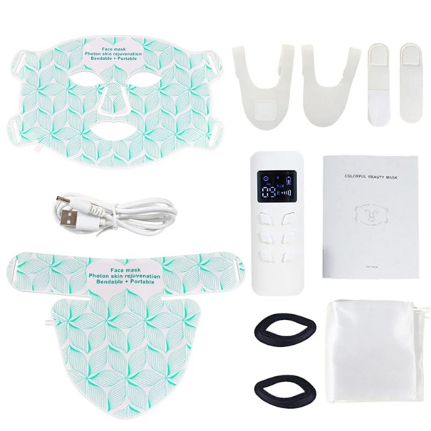Infrarood siliconenmasker met rood licht en neklamp, 8 kleuren LED-therapie, huidverjonging, IPX7 waterdicht, LCD-controller, timer, oplaadbare batterij wit