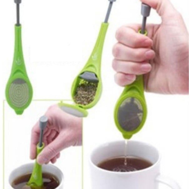 Infuseur avec piston pour thé en vrac dans une tasse Compartiment avec couvercle à charnière Piston pour presser les feuilles Plastique vert 1