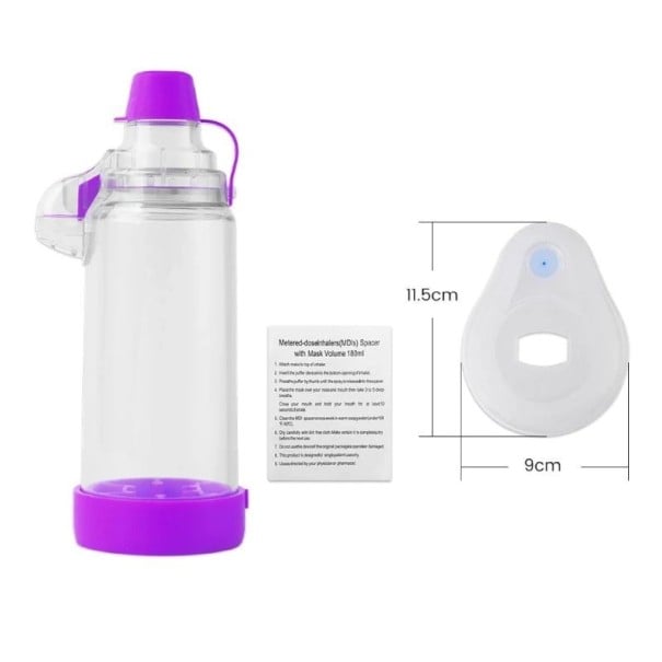 Inhalační komora pro nebulizér s maskou velikost L 11,5 x 9 cm plastová nádržka rozprašovač pro dospělé inhalace dýchacích cest fialová