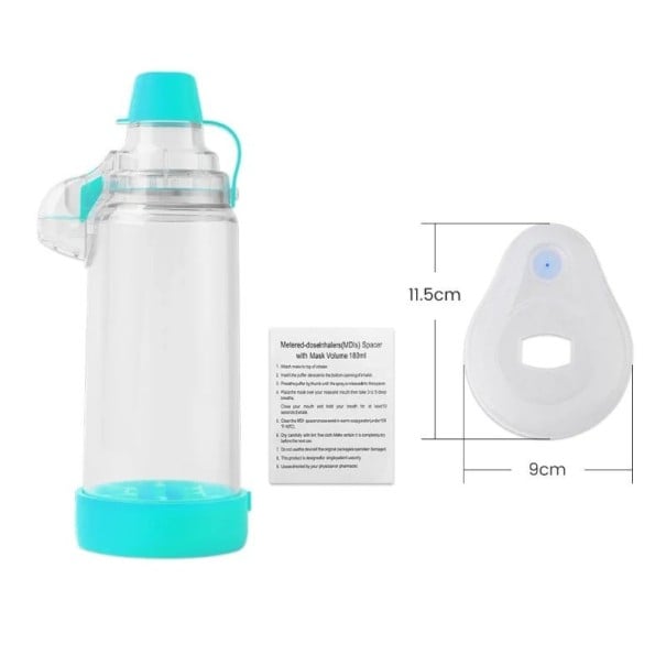 Inhalační komora pro nebulizér s maskou velikost L 11,5 x 9 cm plastová nádržka rozprašovač pro dospělé inhalace dýchacích cest modrá