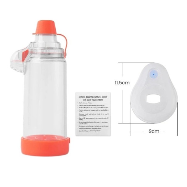 Inhalační komora pro nebulizér s maskou velikost L 11,5 x 9 cm plastová nádržka rozprašovač pro dospělé inhalace dýchacích cest oranžová