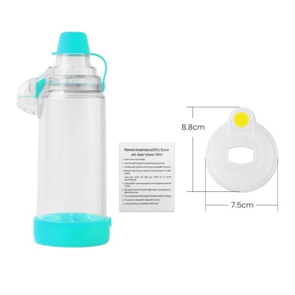 Inhalační komora pro nebulizér s maskou velikost M 8,8 x 7,5 cm plastová nádržka rozprašovač pro děti inhalace dýchacích cest modrá