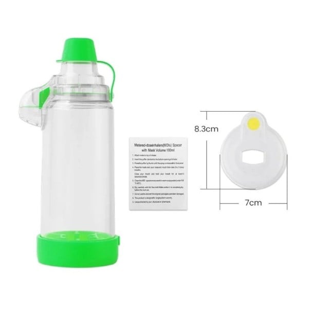 Inhalační komora pro nebulizér s maskou velikost S 8,3 x 7 cm plastová nádržka rozprašovač pro děti inhalace dýchacích cest zelená