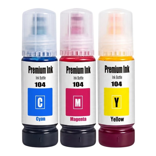 Inkoust 104 Sada 3 ks Pre Epson EcoTank ET-2821 ET-2825 ET-2826 ET-2830 Lahvičky 3x 70 ml Na vodnej báze Cyan Magenta a Yellow 1