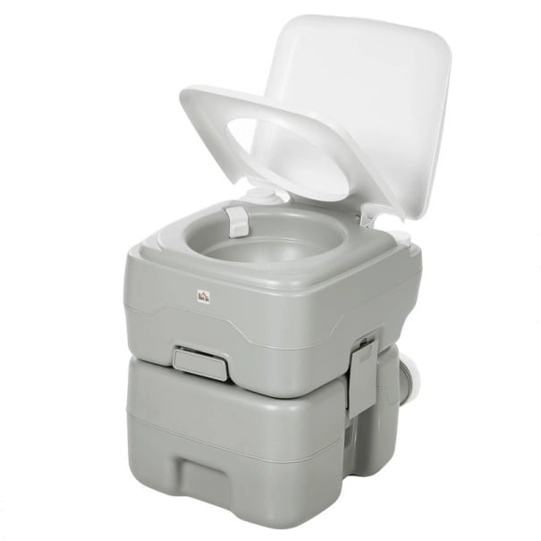 Inodoro químico portátil HOMCOM Tanque de 10 l para agua y 20 l para desechos Descarga manual 41,5 x 36,5 x 42 cm HDPE Gris Para camping y caravana 1