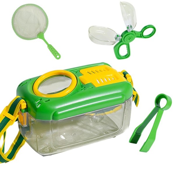 Insektenbeobachtungsset 4 Teile Box mit Lupe 15,5×10 cm Netz 13×23 cm Fangwerkzeug Pinzette Außenbildungsspielzeug 1