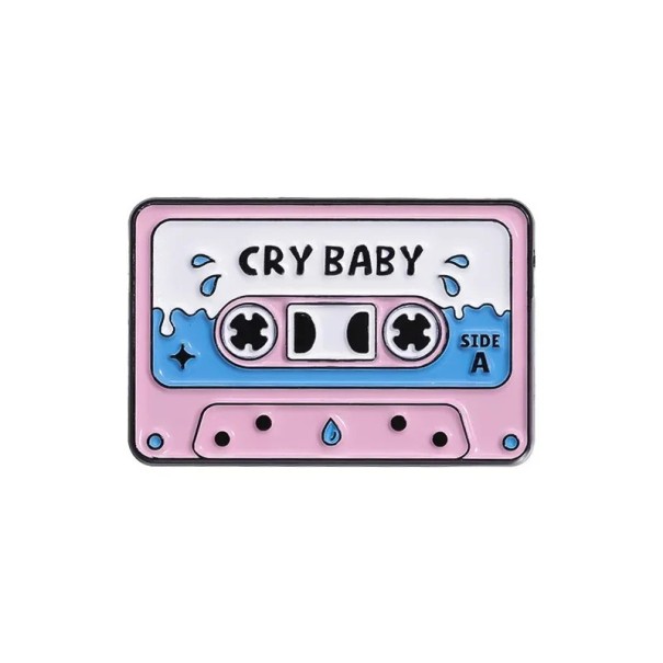 Insigna emailată cu casetă muzicală Cry Baby, broșă metalică roz-albastră, insignă retro pentru rever, rucsac, geantă, îmbrăcăminte cu motiv de lacrimi 1