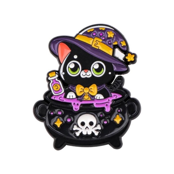 Insignia gata negra en caldero con sombrero aproximadamente 3,3 x 3,1 cm pin negro morado amarillo motivo animal para mochila ropa accesorio 1