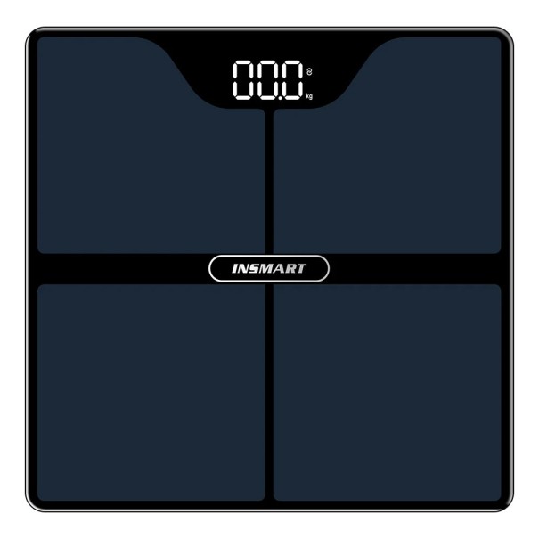INSMART személyi mérleg 150 kg-ig 260 × 260 mm Bioimpedancia elemzés 16 testparaméter Alkalmazás Edzett üveg 1