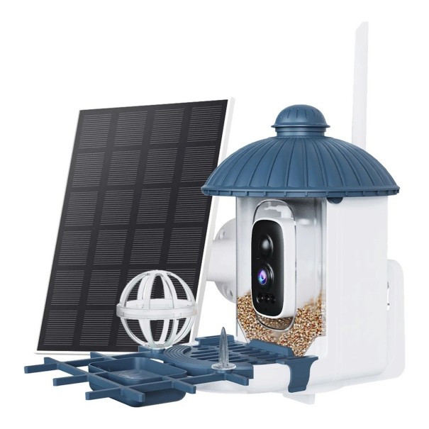 Inteligentné kŕmidlo pre vtáky s kamerou a solárnym panelom 30 x 17,8 x 24 cm WiFi Nočné videnie Detekcia pohybu IP65 Bielo-modré Na záhradu 1