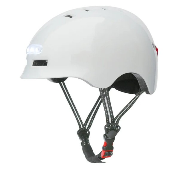 Inteligentní cyklistická helma s předním a zadním LED světlem městská unisex přilba nastavitelný obvod velikost S 48-53 cm baterie 750 mAh bílá