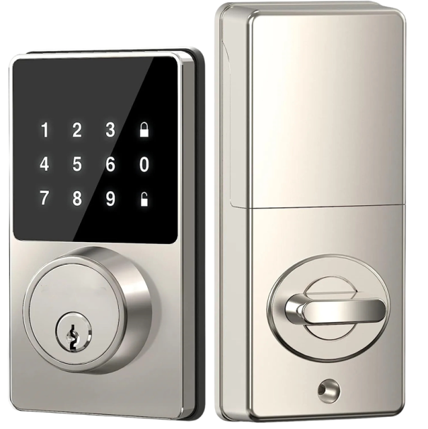 Inteligentní dveřní zámek s klávesnicí Bluetooth mobilní aplikace cylindrický mechanismus elektronické zabezpečení vstupu stříbrná