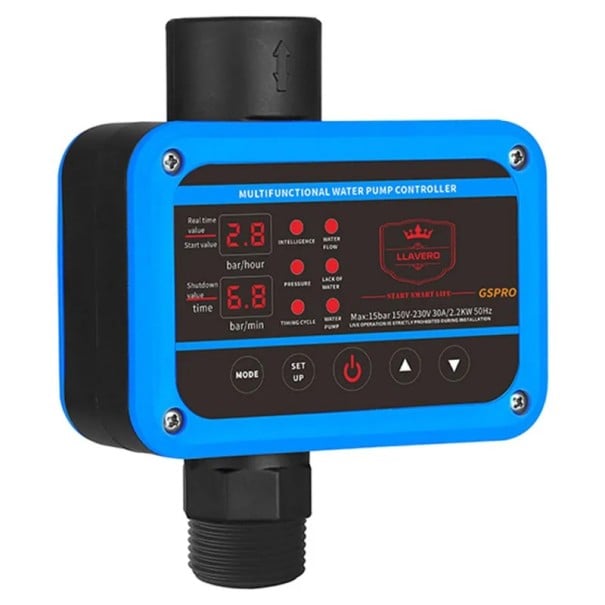 Intelligenter Druckregler für Pumpe 0-10 bar 2,2 kW 220 V Schutzart IP65 Gewinde G1 Display und Trockenlaufschutz für Hauswasserwerk blau