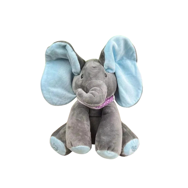 Interactieve pluche olifant 30 x 19 cm Zingt Peek-A-Boo en bedekt zijn ogen met zijn oren Zachte speelgoed van katoen en PP-katoen op 3×AA batterijen blauw