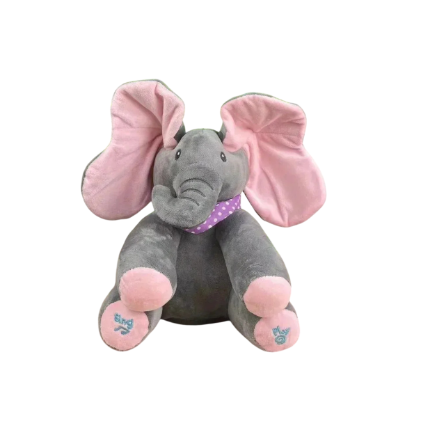 Interactieve pluche olifant 30 x 19 cm Zingt Peek-A-Boo en bedekt zijn ogen met zijn oren Zachte speelgoed van katoen en PP-katoen op 3×AA batterijen roze