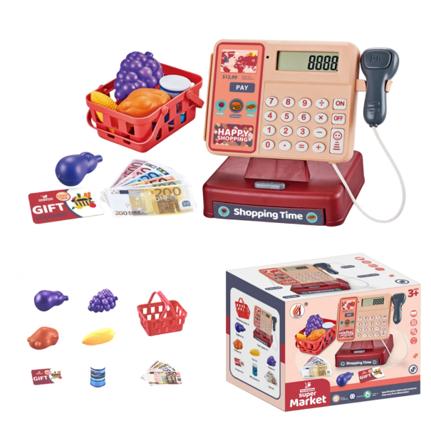 Interactive Shopkeeper Game Children's Cash Register 16 x 15 x 10 cm with Scanner, Basket, Food Models and Play Money 1