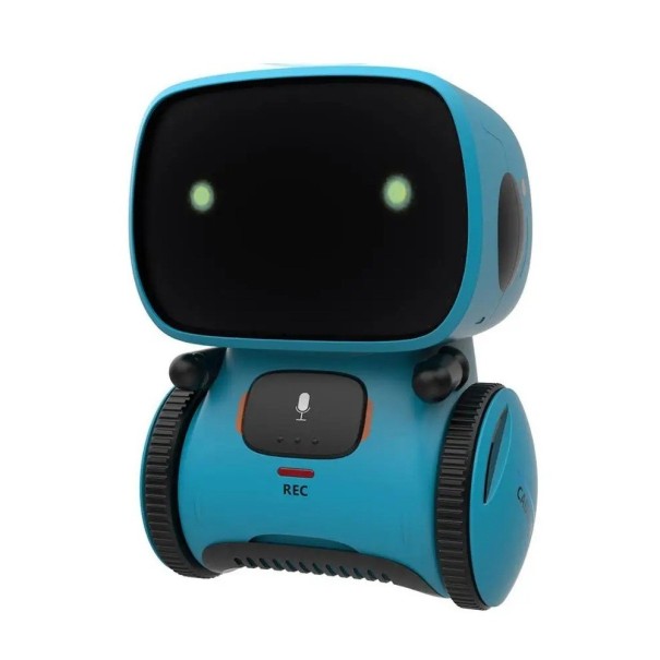 Interaktywna zabawka robot 13 x 9,5 cm Sterowanie głosem i dotykiem Taniec Mówi po angielsku Zabawny robot dla dzieci Zasilany bateriami AAA niebieski