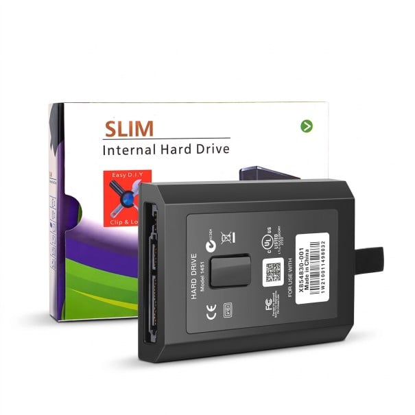 Interní HDD pro Xbox 360 Slim 100 x 70 x 10 mm s kapacitou 320 GB v černém plastovém pouzdře na hry a herní data jako náhradní disk 1