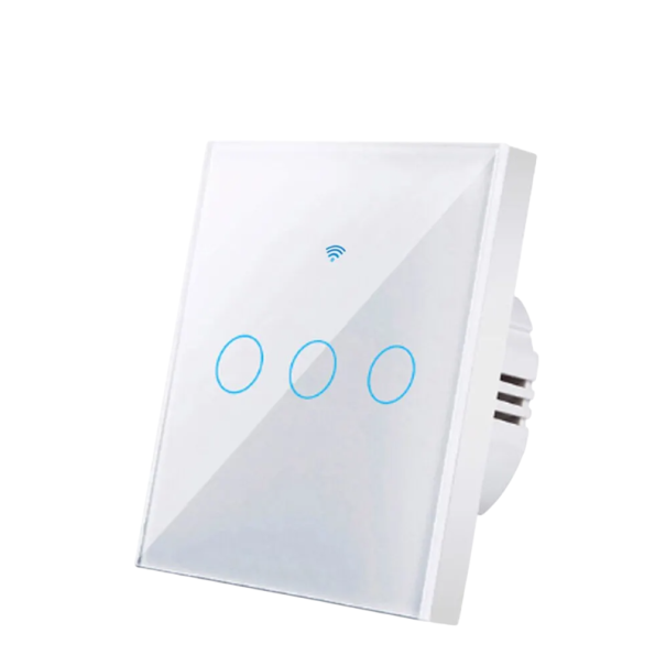 Interruptor de parede WiFi táctil inteligente 3 gang 220V 433MHz compatível com Alexa Google Home iOS Android Aplicação Painel de vidro 8,6 x 8,6 cm branco