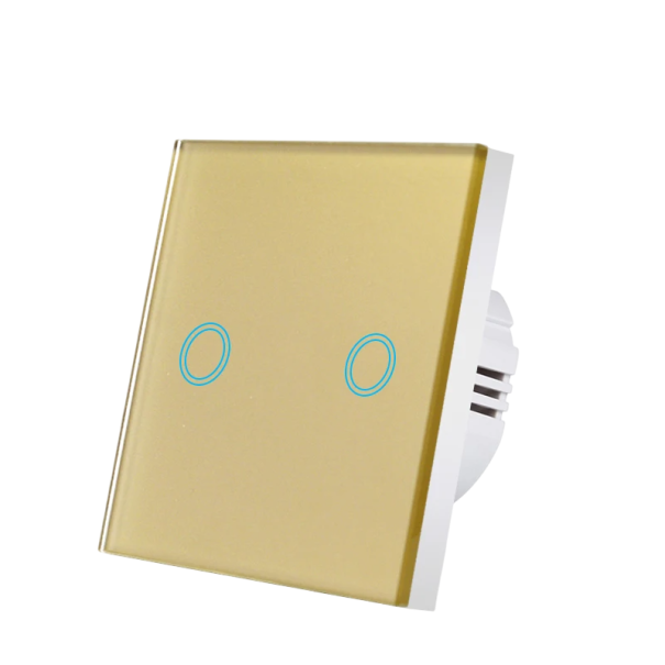 Interruttore Touch 2 gang 220 V Interruttore intelligente per la casa 8,6 x 8,6 cm Pannello in vetro Controllo touch moderno Vetro temperato ABS oro