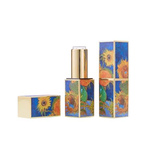 Involucro vuoto per rossetto con chiusura magnetica 21×76 mm plastico blu e giallo con motivo di girasole e elementi dorati per cosmetici 1