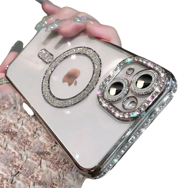 iPhone 15 Pro hoesje met glinsterende strass steentjes, luxe hoesje met magnetische draadloze oplaadondersteuning, elegante bescherming en modern design zilver