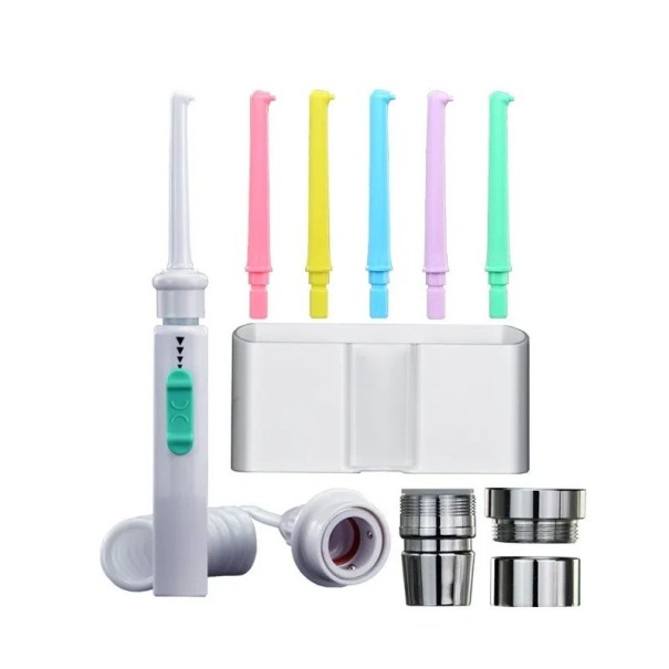 Irigador bucal portátil para grifo con presión de agua ajustable 100 cm de manguera 6 boquillas 3 adaptadores caja de almacenamiento sin necesidad de alimentación 1