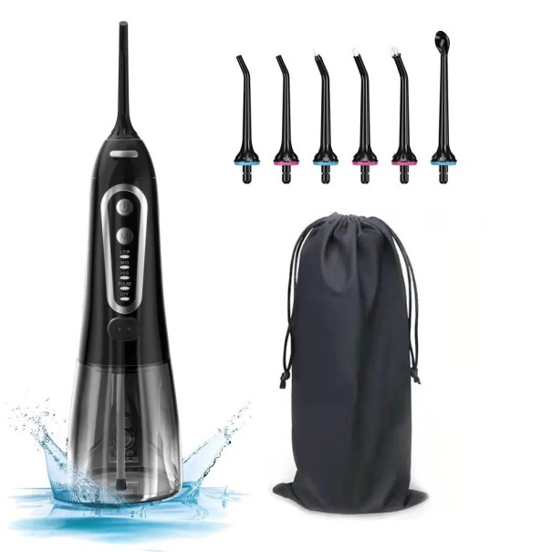 Irigateur buccal portable avec 5 modes IPX8 Douche buccale étanche pour le nettoyage des dents avec un réservoir de 300 ml Irrigateur électrique sans fil Jet d'eau dentaire pour les soins bucco-dentaires 21,5 x 8,5 cm noir