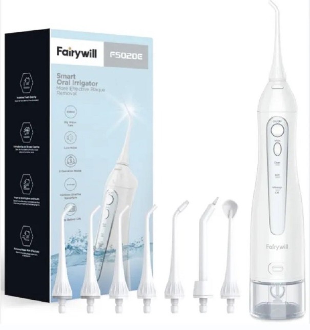 Irigator oral portabil cu 3 moduri Irigator oral impermeabil cu rezervor de 300 ml Curățător interdentar electric cu capete de schimb IPX7 15,2 x 5 cm alb