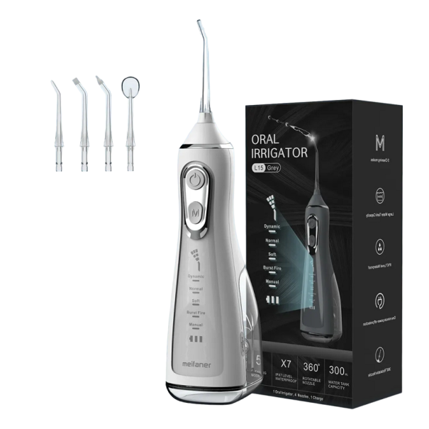 Irigator oral portabil pentru curățare interdentară 350 ml Irigator bucal cu 4 atașamente Irigator dentar electric fără fir pentru igiena bucală 25,5 x 11,5 x 8 cm gri deschis