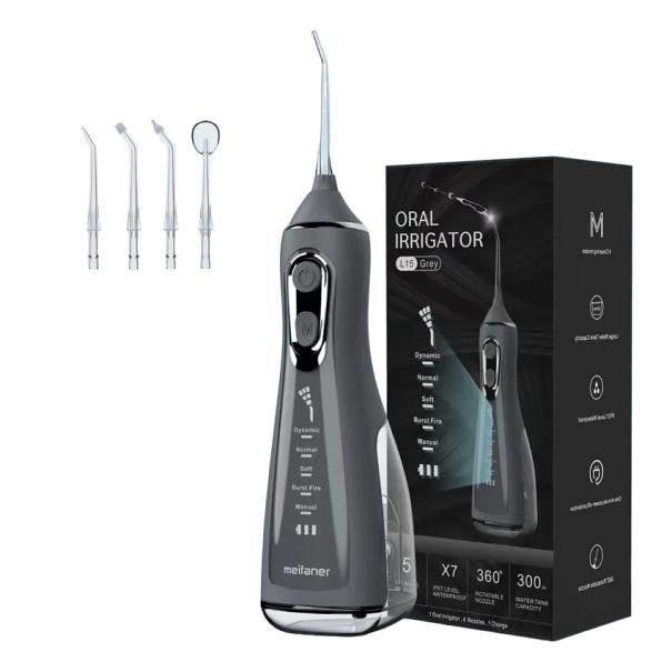 Irrigador bucal portátil para limpieza entre los dientes 350 ml Irrigador bucal con 4 accesorios Irrigador dental eléctrico inalámbrico para higiene bucal 25,5 x 11,5 x 8 cm gris