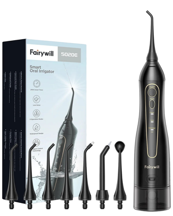 Irrigador bucal portátil para limpieza interdental 300 ml Irrigador bucal con 7 accesorios Irrigador dental eléctrico inalámbrico para higiene bucal 20 x 5 cm negro